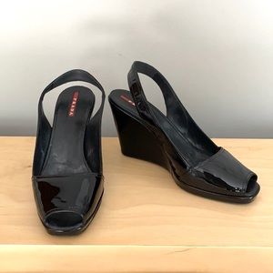 Prada Vintage Black Glossy Pumps w/ Slip On Straps